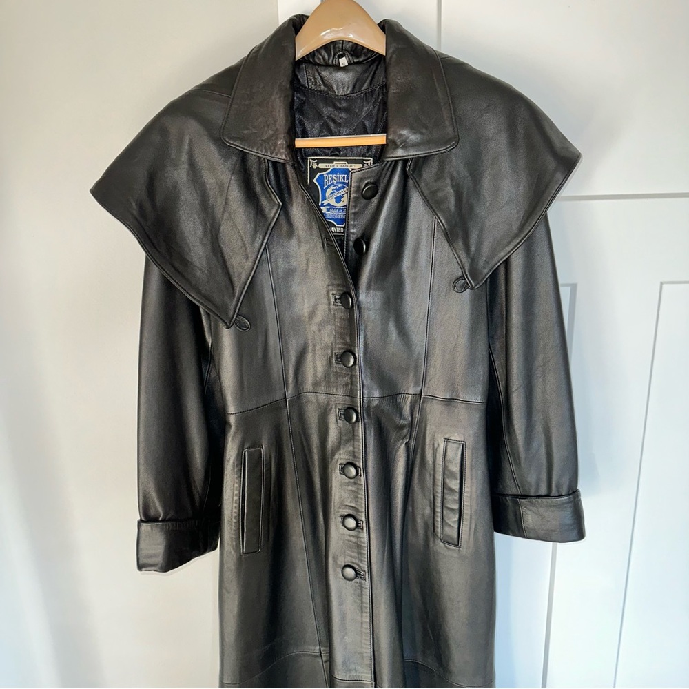 Besikler European Belted Full Length Leather Trench Coat Black size S - Picture 4 of 12